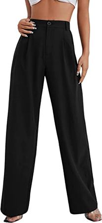 SweatyRocks Women's Casual Wide Leg High Waisted Button Down Straight Long Trousers Pants Black S at Amazon Women’s Clothing store