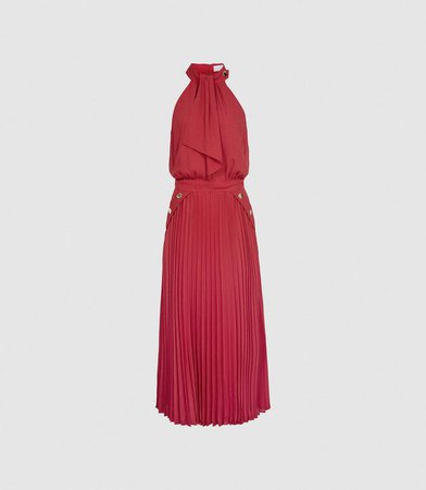 Nina Pink Halterneck Pleated Midi Dress – REISS
