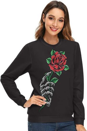 JHKKU Women's Rose Flower Sweatshirt Crew-neck Long Sleeve Pullover Fall Casual Tops at Amazon Women’s Clothing store