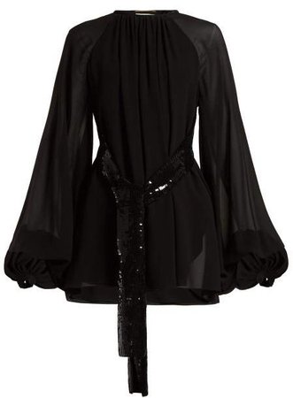 Sequinned Belt Silk Georgette Mini Dress - Womens - Black