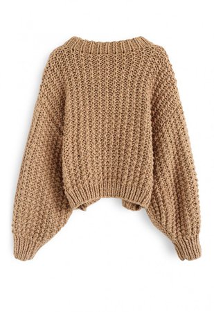 Chunky Chunky Puff Sleeves Cropped Sweater in Caramel - Sweaters - TOPS - Retro, Indie and Unique Fashion