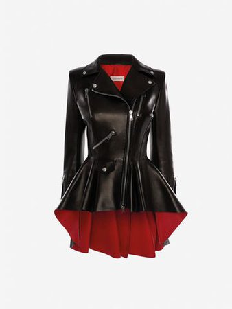 Women's Black/Lust Red Bi Colour Leather Biker Jacket | Alexander McQueen