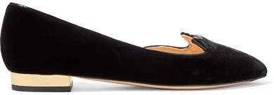 Kitty Leather-trimmed Velvet Slippers - Black