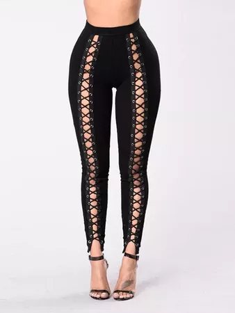 Black High-rise Lace-up Front Bodycon Leggings - £5.49 -YOINS