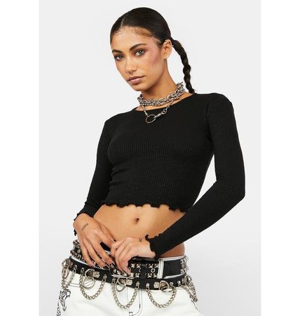 Ribbed Long Sleeve Crop Top With Lettuce Trim - Black | Dolls Kill