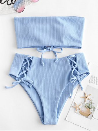 [54% OFF] 2020 ZAFUL Lace Up Ribbed Strapless Bikini Set In DAY SKY BLUE | ZAFUL Europe