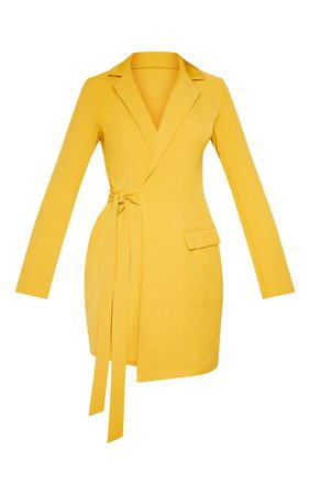Mustard Tie Detail Blazer Dress | Dresses | PrettyLittleThing USA