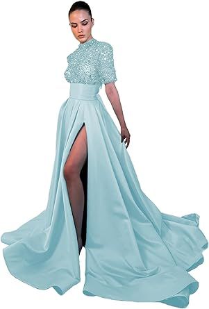 Amazon.com: taxbez Sequin Prom Dress Long Sparkly Satin Evening Gowns with Slit A Line Half Sleeve Party Dresses 2024 : Clothing, Shoes & Jewelry