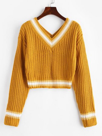 [28% OFF] [POPULAR] 2020 Chunky Striped Detail Cricket Cropped Sweater In DEEP YELLOW | ZAFUL