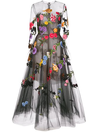 Oscar De La Renta Floral Embroidery Flared Dress