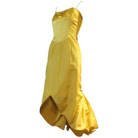 Late 1950s Philip Hulitar Canary Yellow Pouf Fishtail Cocktail Dress For Sale at 1stdibs