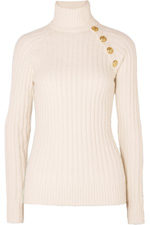 Balmain | Button-embellished ribbed cotton-blend turtleneck sweater | NET-A-PORTER.COM