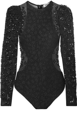 Stretch-cloqué And Sequined Tulle Bodysuit - Black