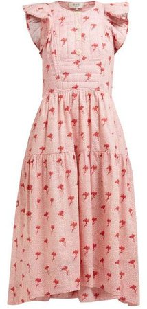 Ruffled Floral Print Cotton Midi Dress - Womens - Pink Multi