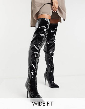 ASOS DESIGN Wide Fit Kendra stiletto thigh high boots in black patent | ASOS