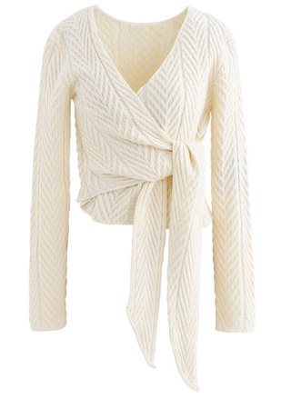 Plunging Wrap Tie Crop Knit Sweater in Cream - Retro, Indie and Unique Fashion