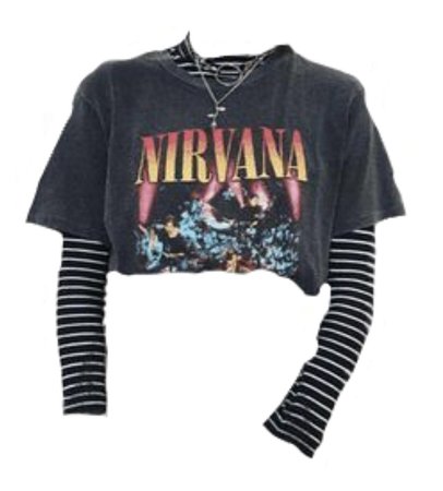 nirvana t with black + white striped shirt layered under