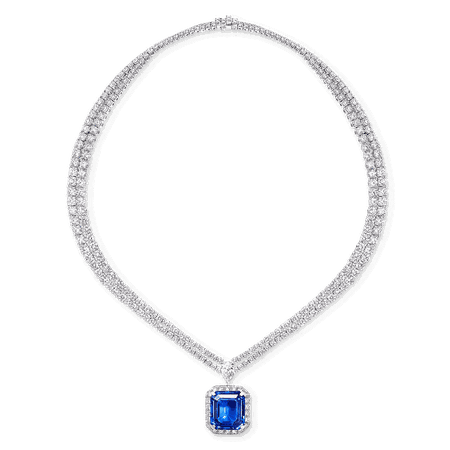 Sapphire and Diamond Necklace, 17.22 carat emerald cut Burmese sapphire | Graff