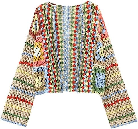 Amazon.com: Mix Multi Color Hand Crochet Cardigan Vintage Woman No Button Open Stitching Full Sleeve Sweater Short Knitwear Multi M : Clothing, Shoes & Jewelry