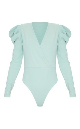 Sage Green Crepe Puff Sleeve Deep Plunge Bodysuit | PrettyLittleThing USA