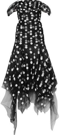 Asymmetric Off-the-shoulder Polka-dot Tulle Gown - Black