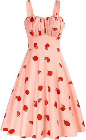 Belle Poque 1950s Style Vintage Dresses for Women Summer Sleeveless A Line Flowy Midi Beach Dress Strawberry XX-Large at Amazon Women’s Clothing store