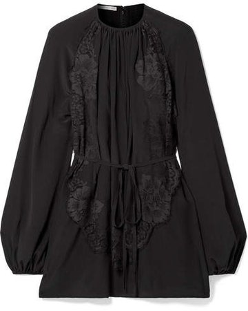 Belted Pleated Lace-appliquéd Silk Blouse - Black