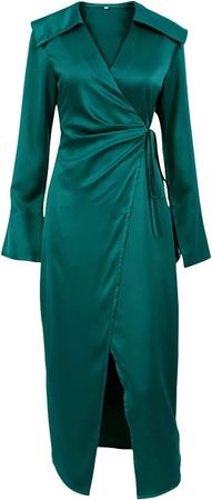 Women 's Casual Long Sleeve Dress Fashion Solid Color V-Neck Tie-up High Waist Slit Long Dress (Green, S) at Amazon Women’s Clothing store