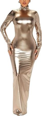 Amazon.com: Tcremisa Women's Sexy Shiny Metallic Bodycon Dress Stretchy Long Sleeve Backless Cocktail Party Maxi Dresses : Clothing, Shoes & Jewelry