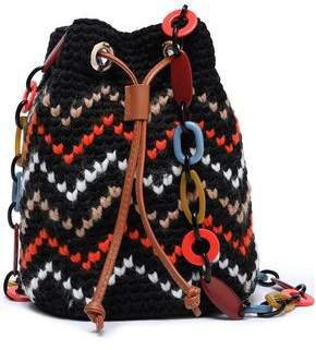 Leather-trimmed Crochet-knit Cotton-blend Bucket Bag