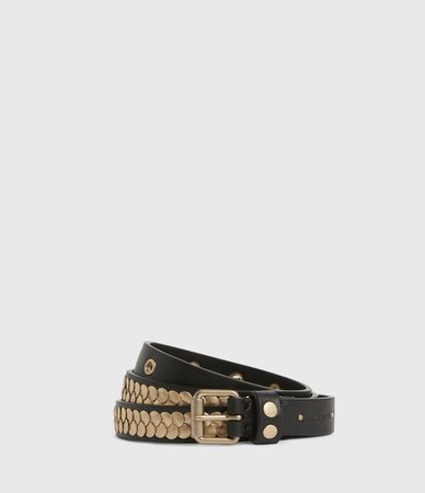 ALLSAINTS US: Womens Francoise Skinny Leather Belt (black_gold)