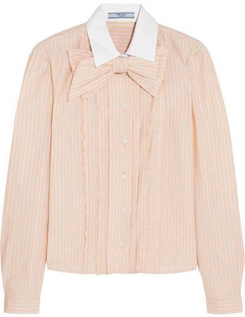 Bow-embellished Ruffled Striped Cotton Shirt - Peach