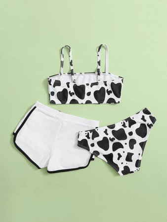 3pack Girls Cow Pattern Shorts Bikini Swimsuit | SHEIN USA