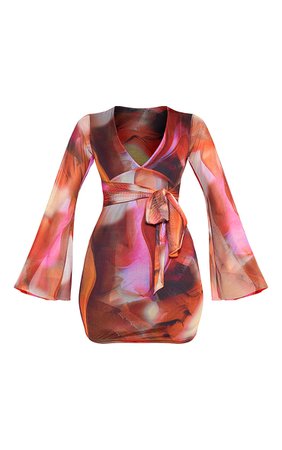 Orange Abstract Sleeve Tie Waist Bodycon Dress | PrettyLittleThing USA