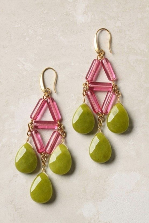 pink and green beaded statement earrings