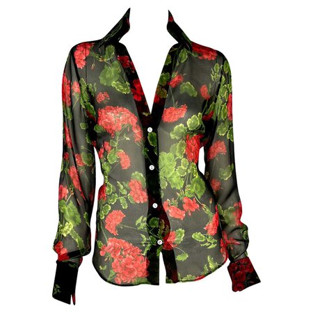 S/S 2000 Dolce and Gabbana Sheer Red Floral Print Silk Rhinestone Button Up Blouse For Sale at 1stDibs