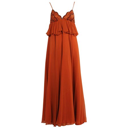 Jean Varon Cinnamon Chiffon Gown with Beaded Top, 1970s For Sale at 1stDibs