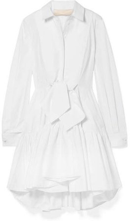 Tie-front Tiered Cotton-poplin Dress - White