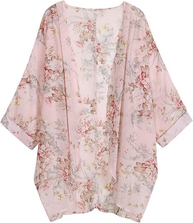 olrain Women's Floral Print Sheer Chiffon Loose Kimono Cardigan Capes (Large, Big PinkFloral) at Amazon Women’s Clothing store