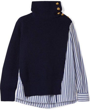 Paneled Striped Cotton-poplin And Wool Top - Navy
