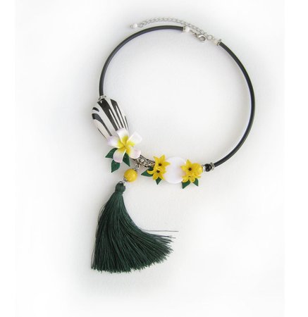 Choker with plumeria flower Vertical bar green tassel necklace | Etsy