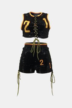 jersey black yellow red sequin top shorts lace up set