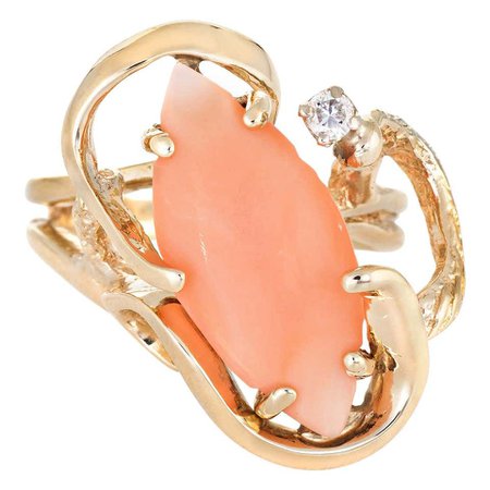 Coral Diamond Ring Vintage 14 Karat Yellow Gold Cocktail Jewelry Estate Fine For Sale at 1stDibs