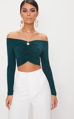 Emerald Green Slinky Ruched Front Long Sleeve Crop Top | PrettyLittleThing USA