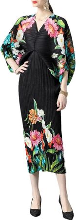 Sexy Vintage Floral Print Crew Neck Half Sleeve Women Casual Party Loose Midi Wrap Dress HJW9427Black One Size at Amazon Women’s Clothing store