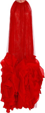 Costarellos Silk Tulle Cape Dress With Oversized Organza Flowers Size: