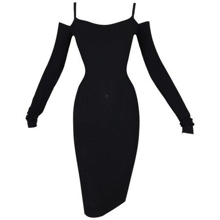 1991 Dolce & Gabbana Black Bodycon Off Shoulder L/S Wiggle Pin-Up Dress