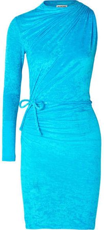 Asymmetric Ruched Crushed-velvet Mini Dress - Blue