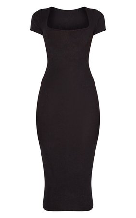 Black Soft Rib Square Neck Midi Dress | PrettyLittleThing USA