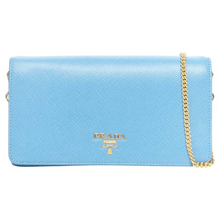 PRADA blue saffiano leather gold logo chain crossbody long wallet clutch bag WOC For Sale at 1stDibs